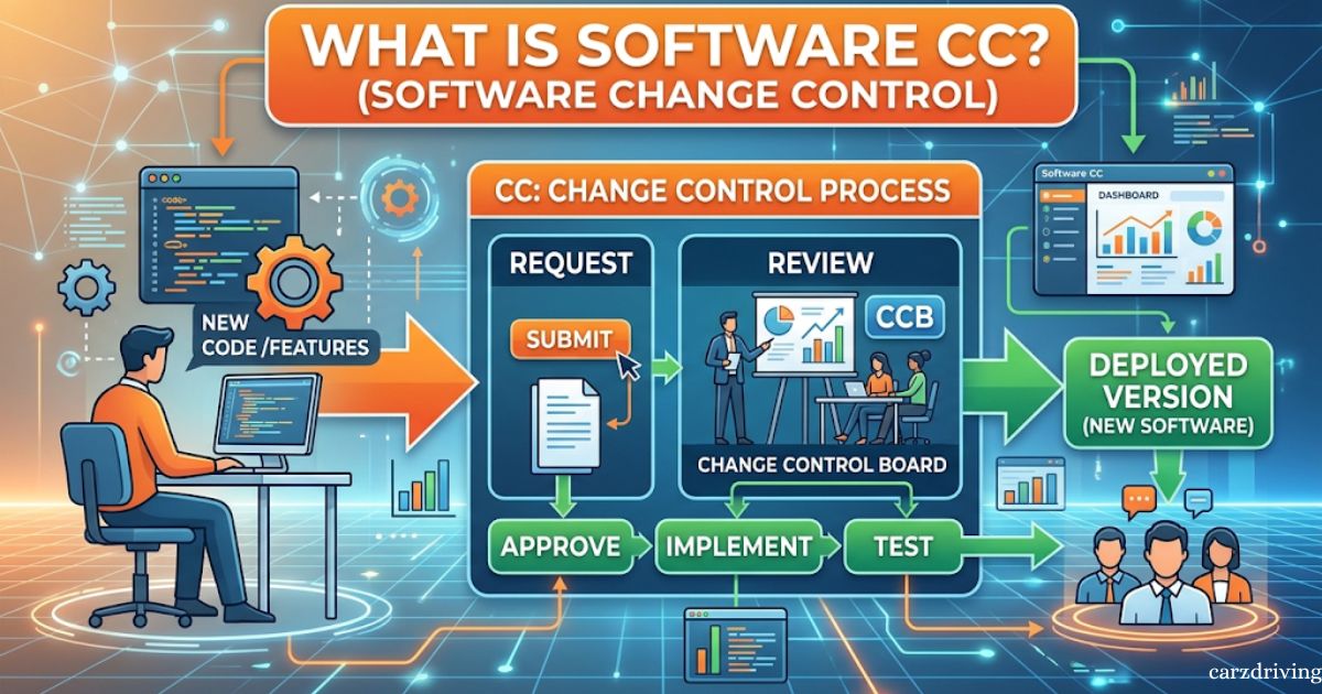 Diagram showing the Software CC (Software Change Control) workflow from new feature development to Change Control Board review, testing, and deployment.
