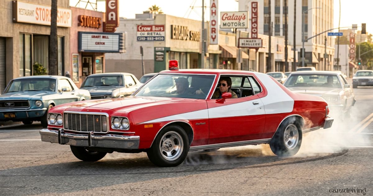 Starsky and Hutch red Ford Gran Torino car drifting on a city street with tire smoke.