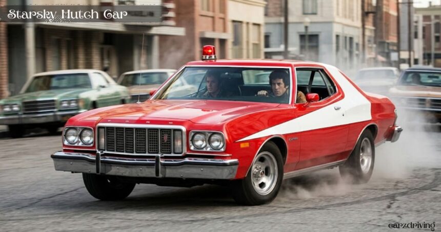 Starsky Hutch car red Ford Gran Torino with iconic white vector stripe speeding through city streets.