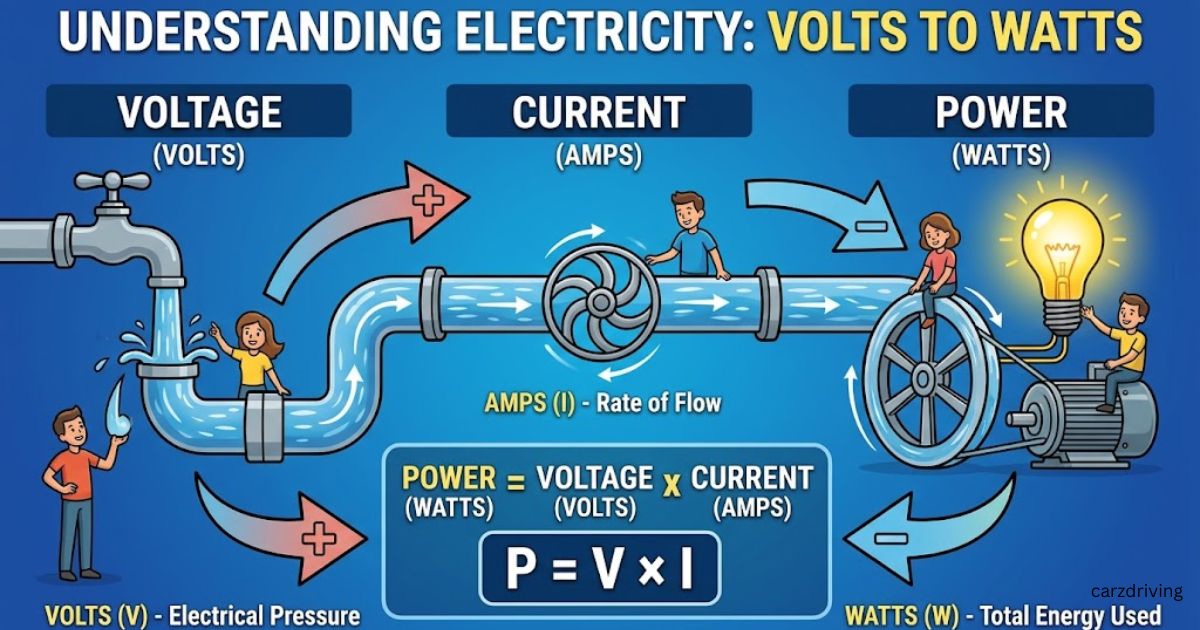 Water pipe analogy graphic illustrating how to convert volts to watts using the electrical power formula, Power = Voltage × Current (P = V × I).