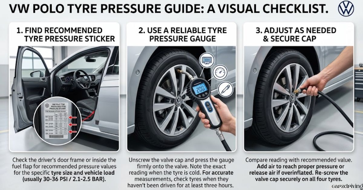 Step-by-step VW Polo tyre pressure visual checklist showing how to find the sticker, measure with a gauge, and inflate tyres