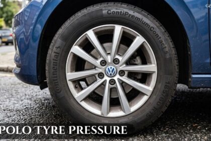Close-up of a Volkswagen alloy wheel and Continental ContiPremiumContact 5 tyre with the text VW Polo tyre pressure overlay