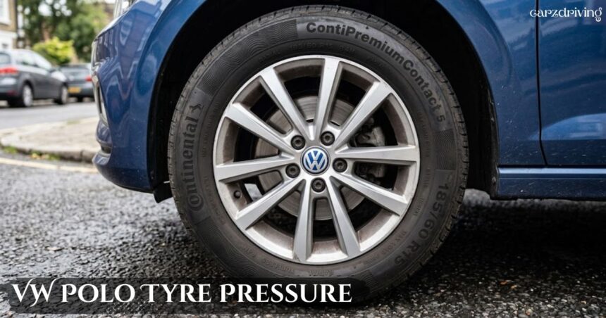 Close-up of a Volkswagen alloy wheel and Continental ContiPremiumContact 5 tyre with the text VW Polo tyre pressure overlay